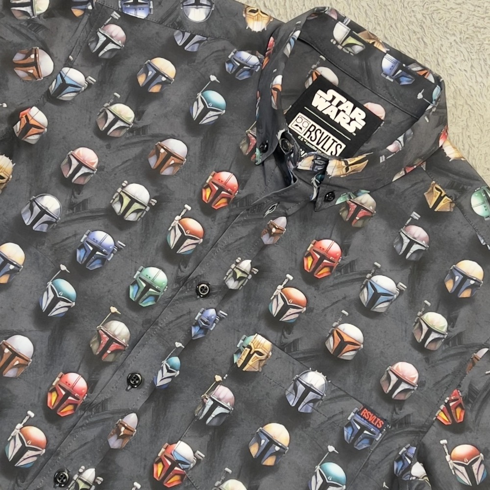 RSVLTS Star Wars Shirt Mens Small Mandalorian Helmet Allover Print Button Up AOP